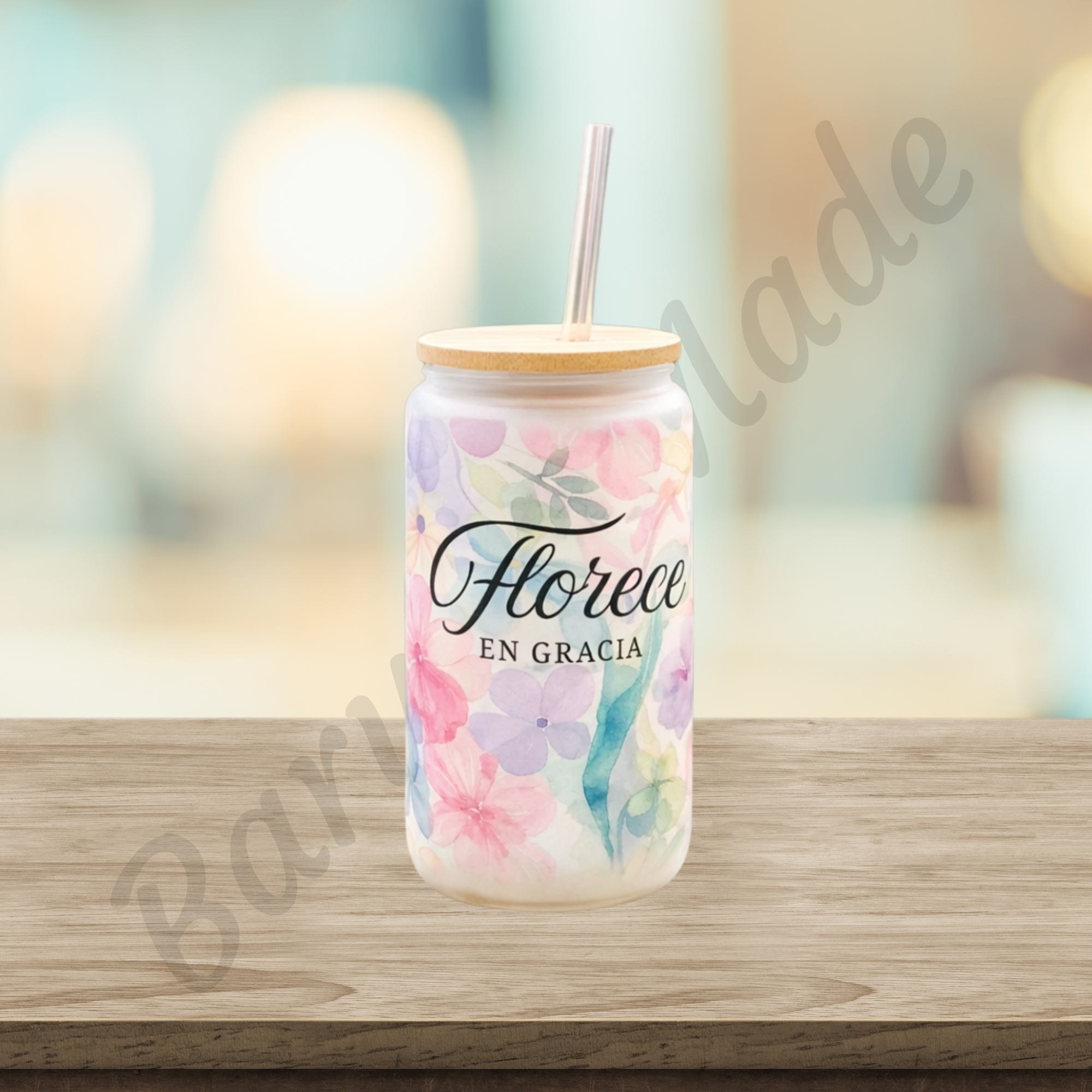 Florece en Gracia | Vaso de Cristal 16oz con Sorbeto y Tapa de Bambú