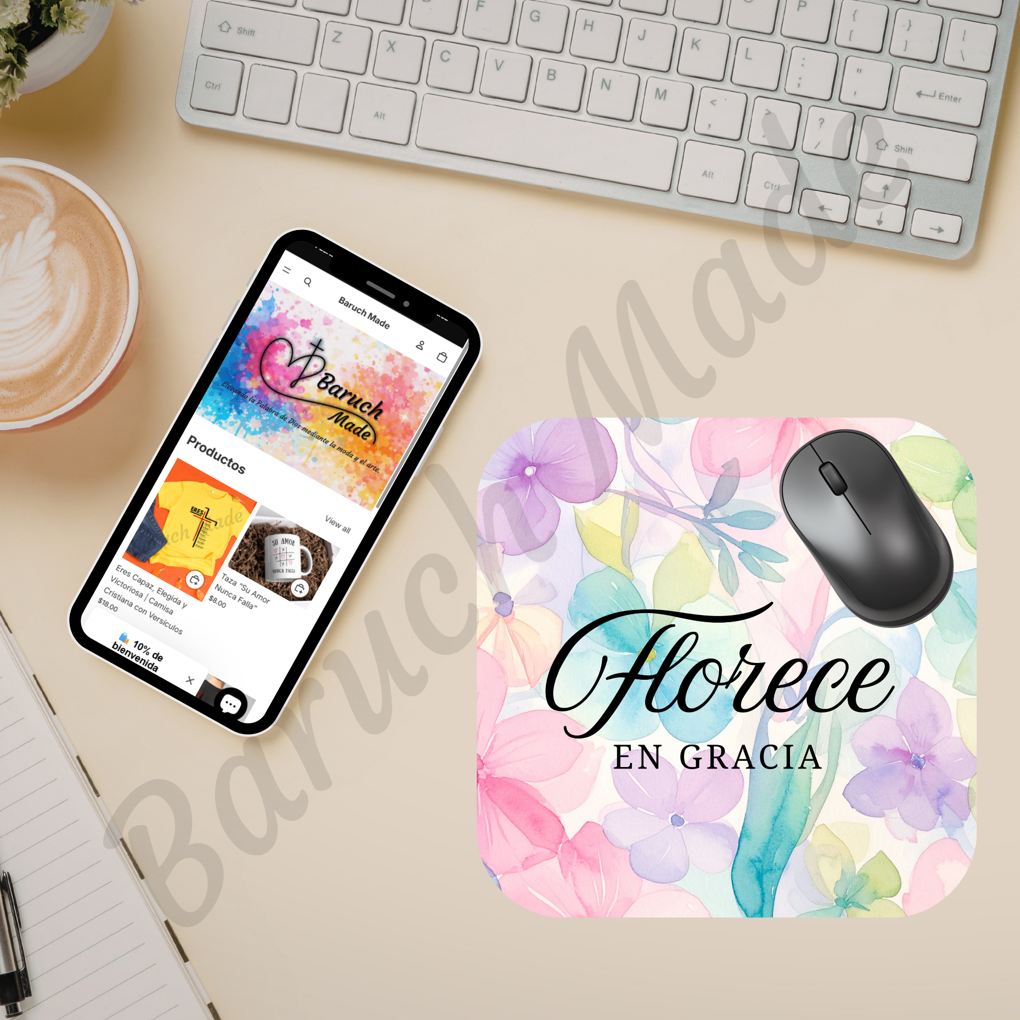 Florece en Gracia | Mousepad Cristiano Floral para Escritorio