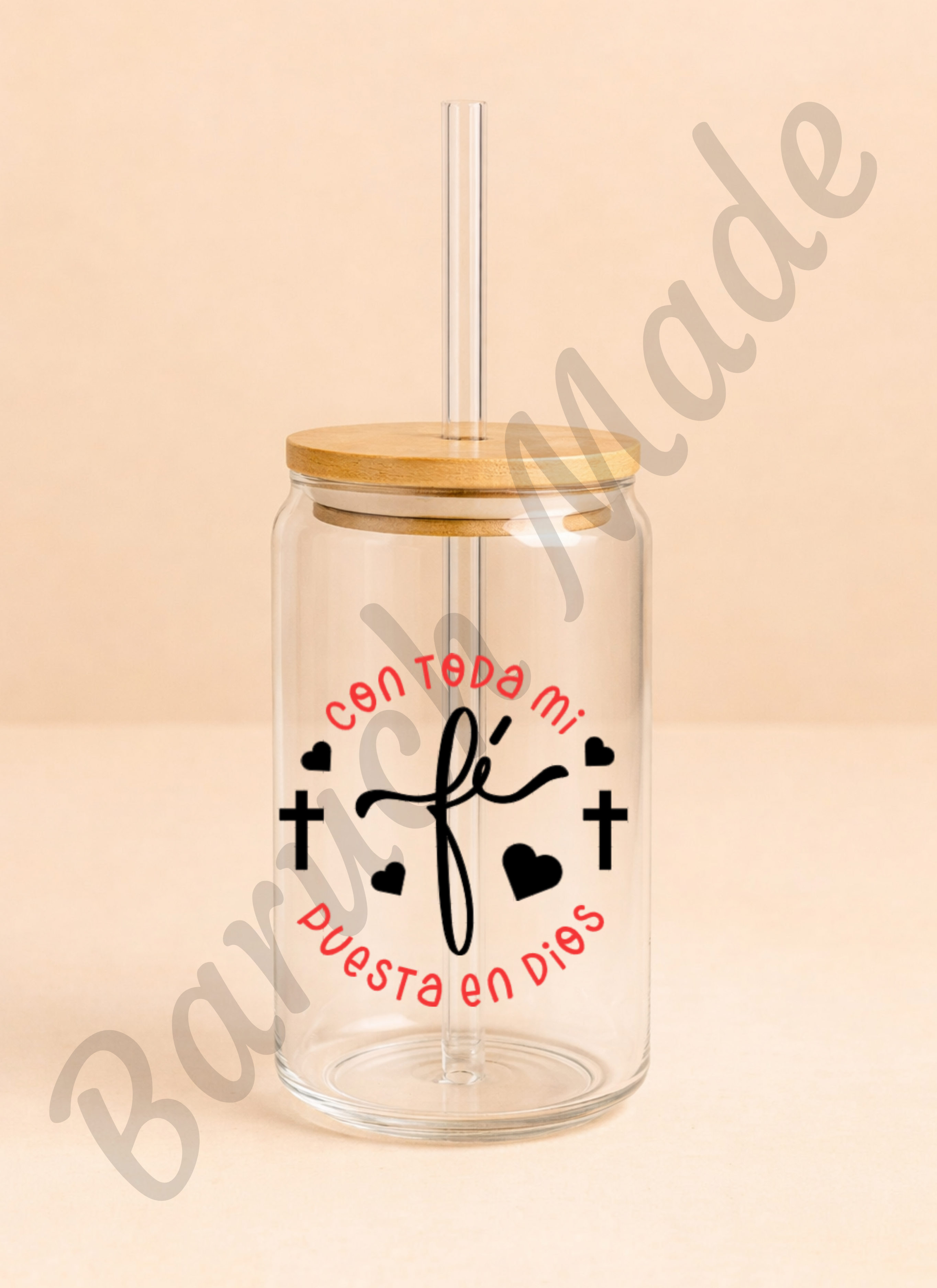 Vaso de Cristal 16oz “Con toda mi fe puesta en Dios”