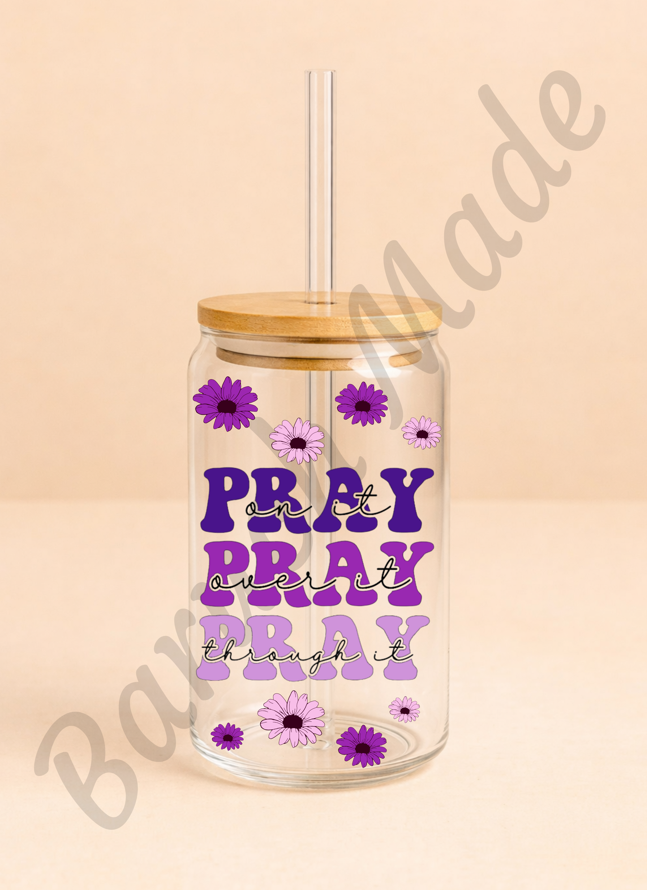 Vaso de Cristal 16oz “Pray On It, Over It, Through It”